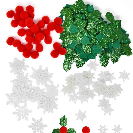 200PCS Mini Christmas Decorations | Snowflakes, Holly & Red Berries for Crafts