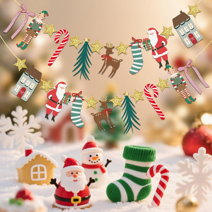 Merry Christmas Banner – Santa, Stocking & Reindeer Garland for Holiday Decor