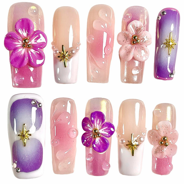Handmade Press On Nails – Medium/Long Square Pink 3D Sakura Design with Gold Stars