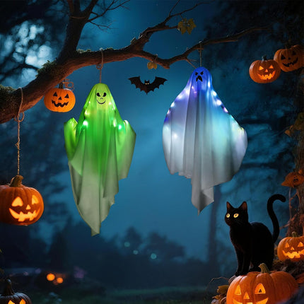2-Piece Color-Changing Light-Up Hanging Ghosts, Auto-Timer Halloween Yard Decor