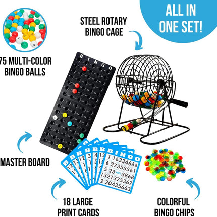 Complete Deluxe Bingo Game Set with Cage, 18 Cards, Balls and Chips