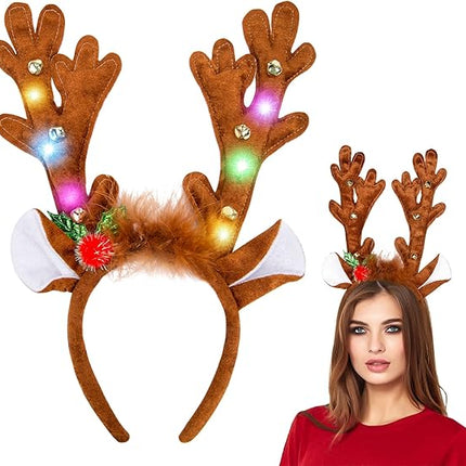LED Reindeer Antlers Headband with Bells – Light Up Christmas Hairband