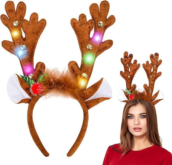 LED Reindeer Antlers Headband with Bells – Light Up Christmas Hairband