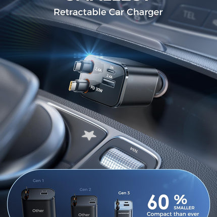 Retractable Car Charger – 4 in 1, USB C Fast Charging, Dual Type C for iPhone & More