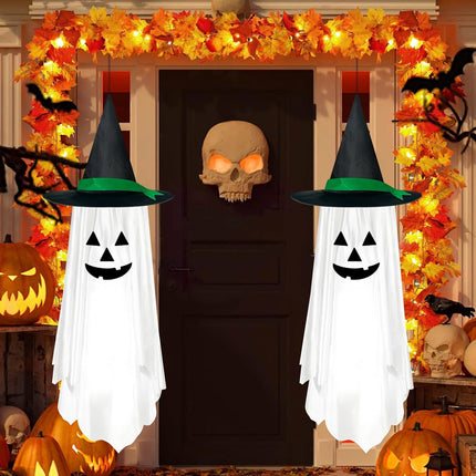 2-Pack White Hanging Halloween Pumpkin Ghost Decorations, Cute Outdoor Garden Decor