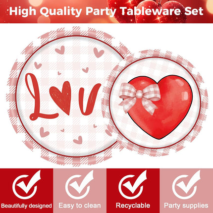 96 PCS Valentine’s Day Plates & Napkins Set: Red Heart Paper Dinnerware for 24