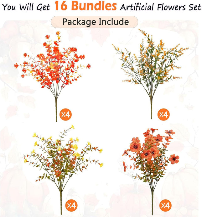 Artificial Mums Flowers 16 Bundles, UV-Resistant Fall Porch & Window Decor