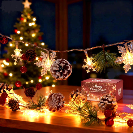 10Ft Christmas Garland Lights 30 LED Warm White String Lights, Pinecone & Red Berries