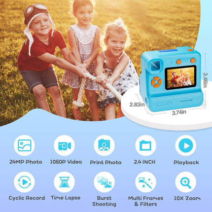 Kids Instant Print Camera FHD Selfie Digital Video Camera Blue for Ages 3-12