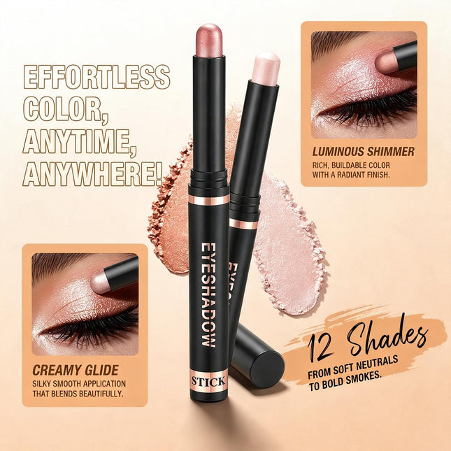 12-Color Shimmer Eyeshadow Stick Set, Waterproof Cream Eye Shadow Pens, Long-Lasting