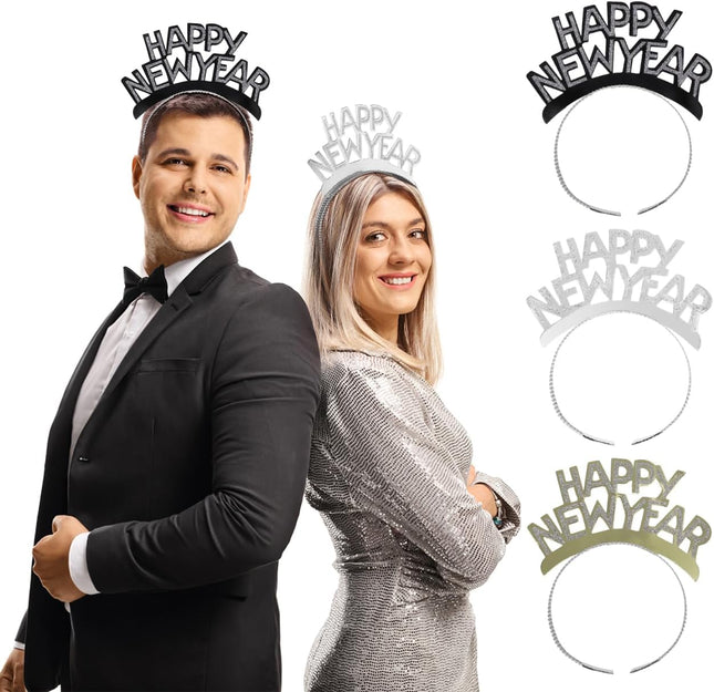 12 PCS Happy New Year Headband Tiara Gold Silver Black Party Favors