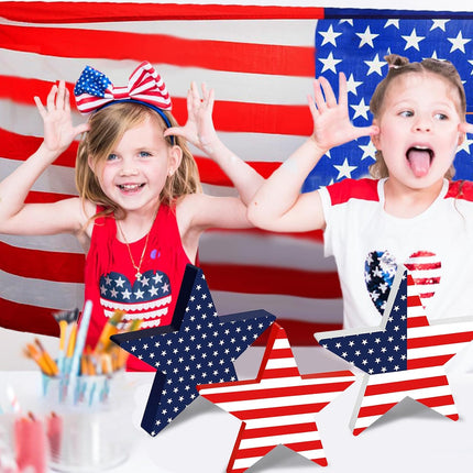 3 Pcs Patriotic Wooden Star Signs 4th of July Red White Blue Table Decor
