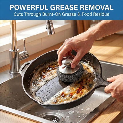 8-Piece Steel Wool Scrubber Set with Handle & Scraper for Pots, Pans & Grills