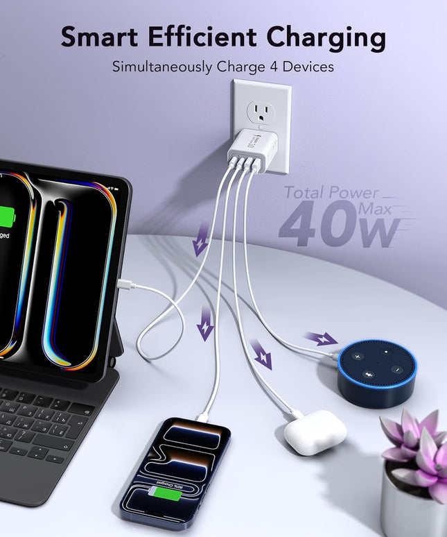 2-Pack 40W USB-C Charger – 4-Port Fast Charging Adapter for iPhone & iPad