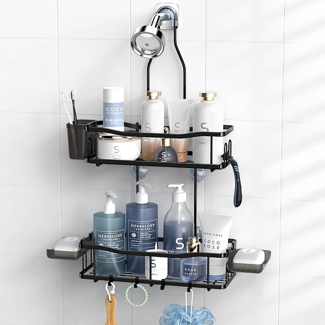 Rustproof Stainless Steel Hanging Shower Caddy with 2 Tiers, 14 Hooks and Soap Holders