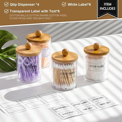 4-Pack Qtip Holder Dispenser – Clear Plastic Jars with Bamboo Lids