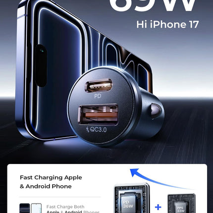 69W USB C Car Charger Adapter, Fast Charging Cigarette Lighter Plug for iPhone
