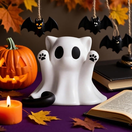 Cute Halloween Cat Ghost Statue, Mini Figurine for Home & Office Desk Decor