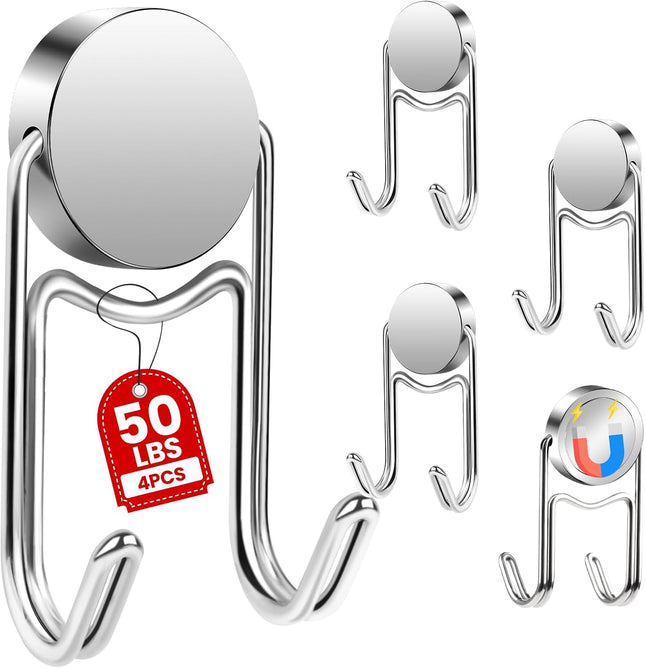 4-Pack Magnetic Hooks – 50lb+ Heavy Duty Magnets for Fridge & Toolbox