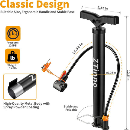 Portable Floor Bike Pump, Dual Presta Schrader Valve Air Pump with Ball Needles