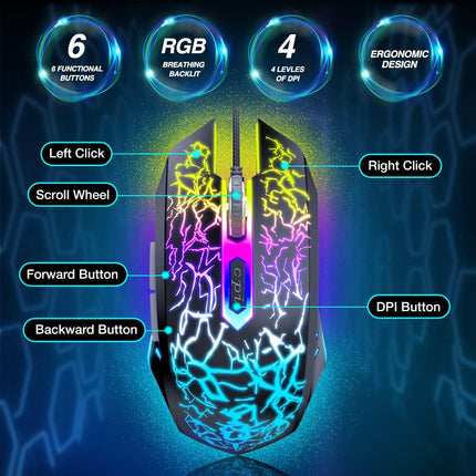 RGB Gaming Mouse Wired Ergonomic 6 Button Adjustable DPI for Computer