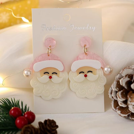 Christmas Earrings for Women Cute Pink Santa Dangle Holiday Jewelry Gift