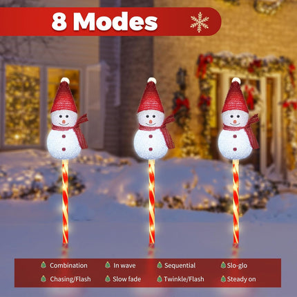 3 Snowman Solar Christmas Decorations, Candy Cane Stake Lights, 8 Modes Outdoor