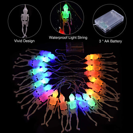 10FT 20LED Skeleton String Lights, Battery Powered, 2 Modes, Halloween Indoor Outdoor