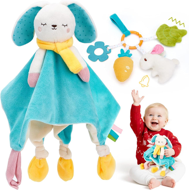 Baby Lovey Security Blanket – Plush Toy with Teether, Rattle & Crinkle, 0–12M