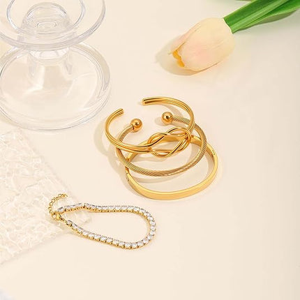Gold Cuff Stack Bracelet Set for Women – 18K Gold Plated CZ Tennis & Love Bangle