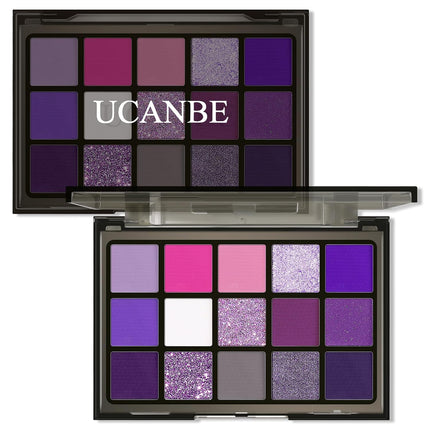 15-Color Purple Eyeshadow Palette, Matte Shimmer Metallic Glitter, Smoky Makeup Palette