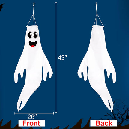 3-Pack 43in Lighted Halloween Ghost Windsocks, LED Hanging Tree & Yard Decor