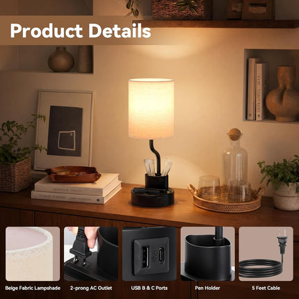 Set of 2 Bedside Table Lamps with USB-C USB-A Ports AC Outlets Phone Pen Holder
