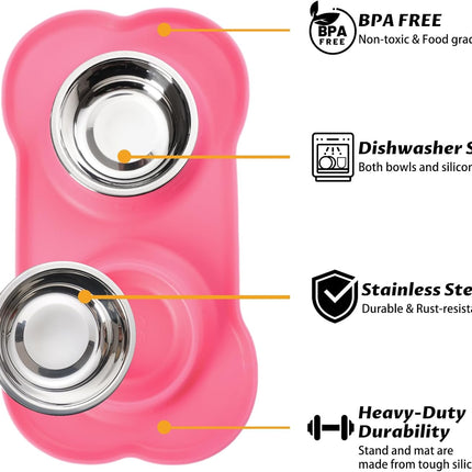 Pet Dog Bowls Set – 2 Stainless Steel Bowls with No-Spill Mat & Food Scoop (Pink)