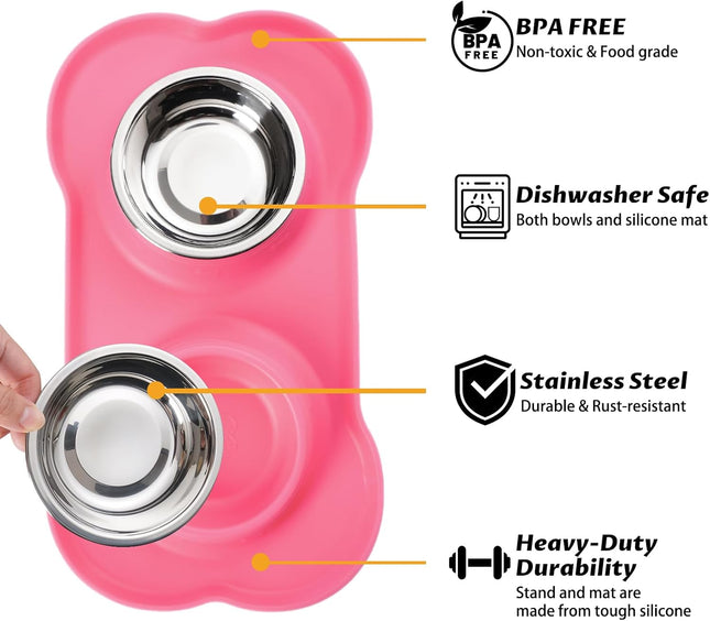 Pet Dog Bowls Set – 2 Stainless Steel Bowls with No-Spill Mat & Food Scoop (Pink)