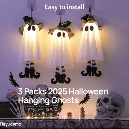 3-Pack 19in Light-Up Hanging Ghosts with Witch Hats, Halloween Yard & Patio Decor