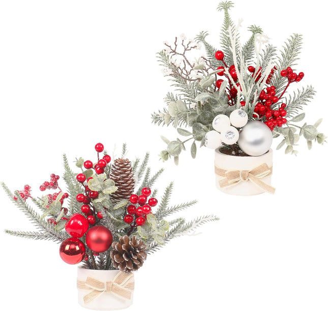 2PCS Small Christmas Trees – 11" Artificial Mini Potted Tabletop Christmas Decorations