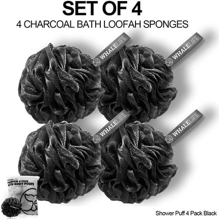 Loofah Bath Sponges – 4 Pack, Gentle Exfoliating Shower Mesh, Black