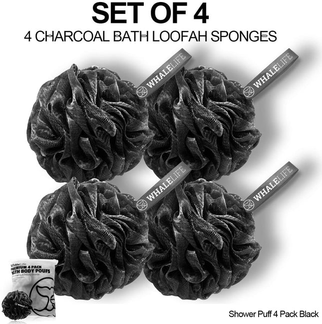 Loofah Bath Sponges – 4 Pack, Gentle Exfoliating Shower Mesh, Black