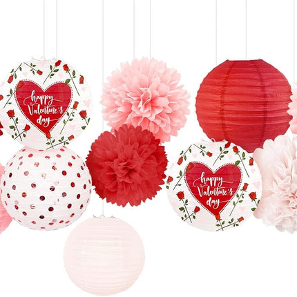 12 PCS Valentine’s Day Decorations: Pink & Red Love Pom Poms and Lanterns Set
