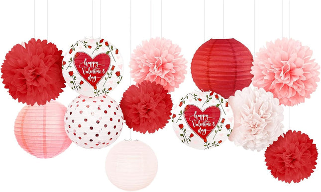 12 PCS Valentine’s Day Decorations: Pink & Red Love Pom Poms and Lanterns Set