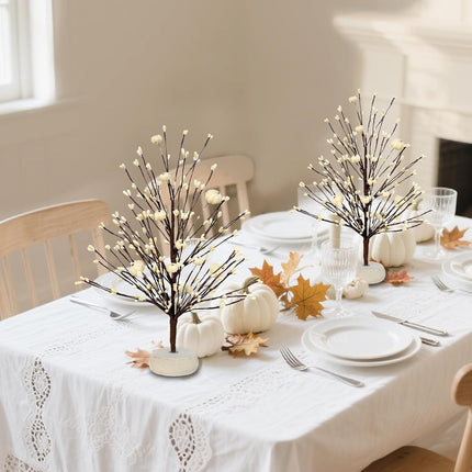 Thanksgiving Fall Trees 2-Pack – 15" White Table Décor with Pumpkins and Berries