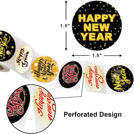 500-Piece Happy New Year Labels – Black & Gold Glitter Stickers for Party