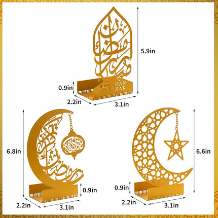 3 Pcs Gold Metal Ramadan Decor: Eid Mubarak Sign, Lantern & Crescent Candle Holders
