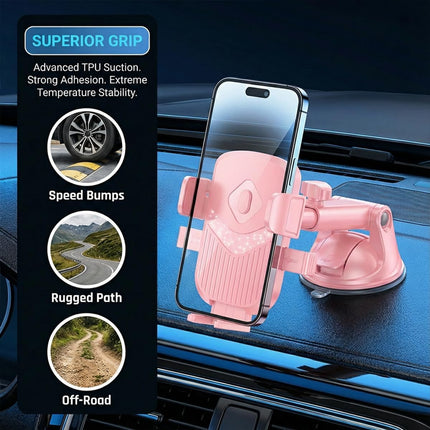 360° Car Phone Holder Pink, Adjustable Suction Cup & Vent Mount, Universal Fit
