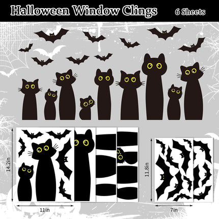 6-Sheet Halloween Black Cat Window Clings, Reusable Cat & Bat Silhouette Decals