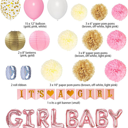 Baby Girl Shower Decorations with Pink Banner Balloons Paper Pom Poms Set