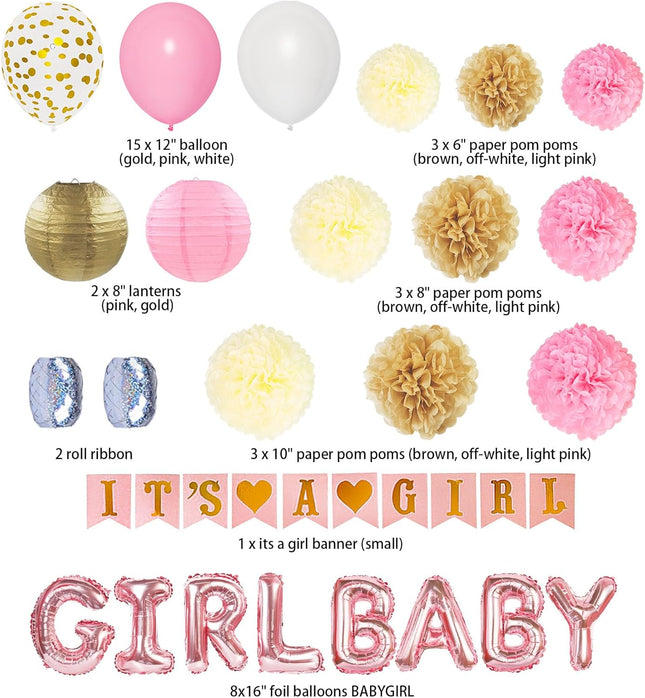 Baby Girl Shower Decorations with Pink Banner Balloons Paper Pom Poms Set