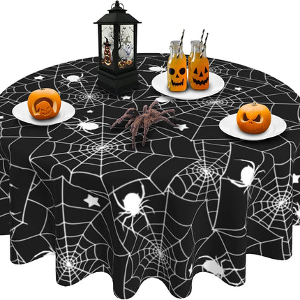 60in Round Black Halloween Spider Web Tablecloth, Waterproof Wipeable Table Cover