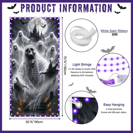 71x35in Halloween Skeleton Door Cover with LED Lights, Spooky Haunted House Decor